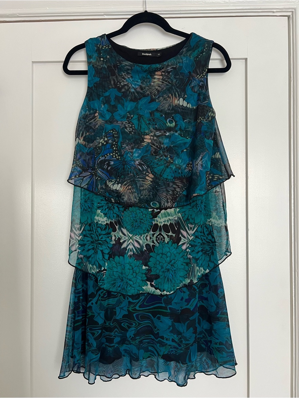 Desigual Butterfly Peacock Tiered Mesh A-Line Dress Blue Size XS